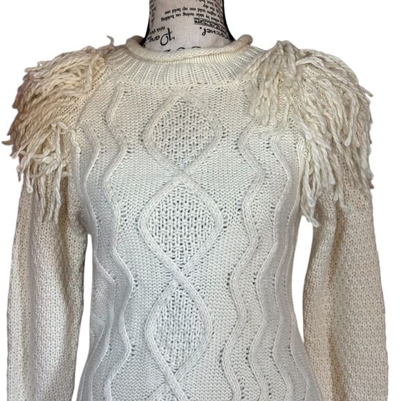 Eliza J Size XS Ivory Fringe Shoulder Cable Knit Sweater Dress Boho Cowgirl - Picture 3 of 6